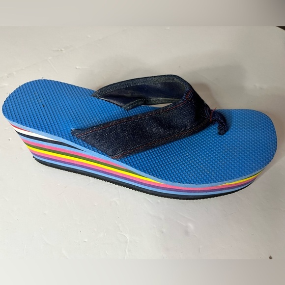 Rainbow Stripe Platform Flip Flops with Denim Straps | Approx. Size 7-7.5 - Picture 8 of 10